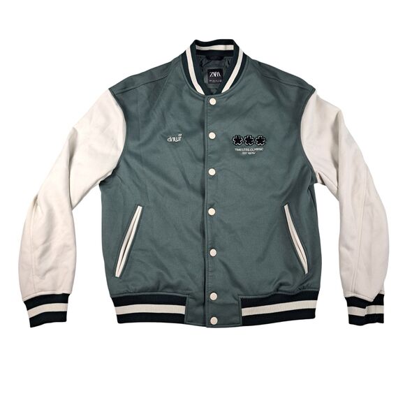 Zara DNWR Varsity Bomber Jacket Mens L Green White Embroidered Snap Up Panda - Picture 2 of 14